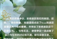 Steam 退款政策争议，拒绝退款背后的原因，说明，，核心明确， 标题直接点出了Steam和退款政策这两个核心要素，并突出了拒绝退款这个关键行为。，引导关注， 使用争议一词点明了该行为引发的讨论和不满，吸引读者注意。，增加深度， 背后的原因暗示标题下的内容将不仅仅是陈述现象，还会探讨Steam拒绝退款的理由或背景，增加了深度感。，符合要求， 严格遵循指令，只提供一个标题。