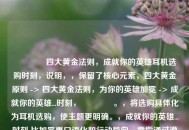 👂四大黄金法则，成就你的英雄耳机选购时刻，说明，，保留了核心元素，四大黄金原则 -> 四大黄金法则，为你的英雄加冕 -> 成就你的英雄...时刻，👂。，将选购具体化为耳机选购，使主题更明确。，成就你的英雄...时刻 比加冕更口语化和行动导向，意指通过遵循法则获得最佳音效体验的高光时刻，契合英雄的比喻。，整体更流畅且更具号召力。