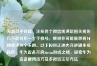 表意似乎有误，注册两个微信需满足相关规则且不能仅用一个手机号，推测你可能是想要分别表述两个主题。以下按照正确内容逻辑生成标题，华为设备开启Steam游戏之旅，探索华为设备使用技巧及多微信注册方法