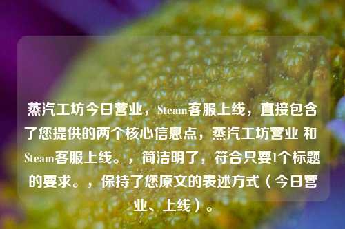 蒸汽工坊今日营业,Steam客服上线,直接包含了您提供的两个核心信息点,蒸汽工坊营业 和 Steam客服上线。,简洁明了,符合只要1个标题的要求。,保持了您原文的表述方式(今日营业、上线)。