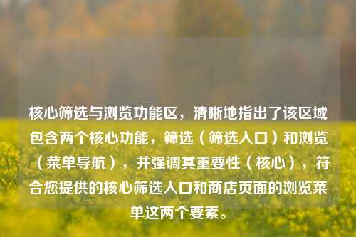 核心筛选与浏览功能区,清晰地指出了该区域包含两个核心功能,筛选(筛选入口)和浏览(菜单导航),并强调其重要性(核心),符合您提供的核心筛选入口和商店页面的浏览菜单这两个要素。