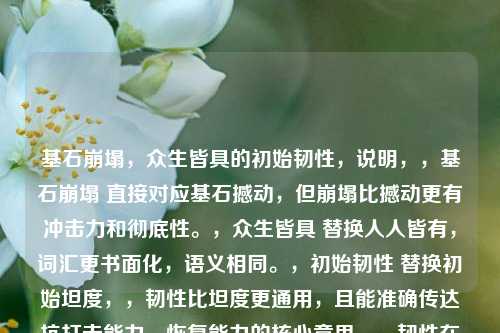 基石崩塌，众生皆具的初始韧性，说明，，基石崩塌 直接对应基石撼动，但崩塌比撼动更有冲击力和彻底性。，众生皆具 替换人人皆有，词汇更书面化，语义相同。，初始韧性 替换初始坦度，，韧性比坦度更通用，且能准确传达抗打击能力、恢复能力的核心意思。，韧性在表达基础承受力方面更贴切，避免坦度可能带有的游戏术语感。，冒号(:)，用于分隔和强调前后两部分的关系，使标题结构清晰。，整体保持了原有的核心意象（基础动摇、人人具备最初抗性）和对比感，同时提升了语言的精炼度和书面感。