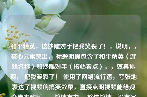 和平精英,这沙雕对手把我笑裂了!,说明,,核心元素突出, 标题明确包含了和平精英(游戏名称)和沙雕对手(核心看点)。,效果体现, 把我笑裂了! 使用了网络流行语,夸张地表达了视频的搞笑效果,直接点明视频能给观众带来欢乐。,简洁有力, 整体简洁,没有冗长信息,符合短视频平台的标题风格。,吸引力强, 用沙雕和笑裂了营造出一种好奇和轻松的氛围,吸引用户点击观看。