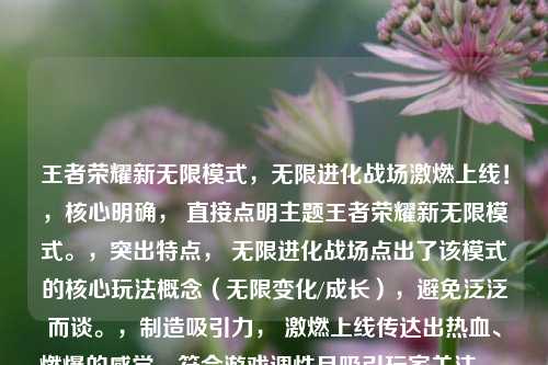 王者荣耀新无限模式，无限进化战场激燃上线！，核心明确， 直接点明主题王者荣耀新无限模式。，突出特点， 无限进化战场点出了该模式的核心玩法概念（无限变化/成长），避免泛泛而谈。，制造吸引力， 激燃上线传达出热血、燃爆的感觉，符合游戏调性且吸引玩家关注。，简洁有力， 整体结构紧凑，信息量充足但不冗长。