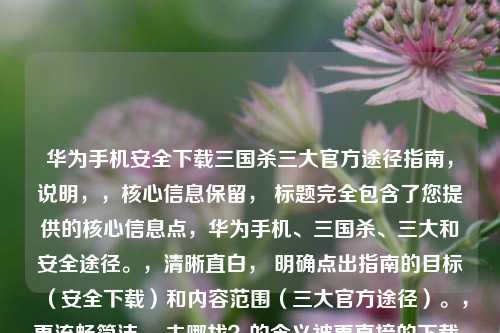 华为手机安全下载三国杀三大官方途径指南,说明,,核心信息保留, 标题完全包含了您提供的核心信息点,华为手机、三国杀、三大和安全途径。,清晰直白, 明确点出指南的目标(安全下载)和内容范围(三大官方途径)。,更流畅简洁, 去哪找?的含义被更直接的下载...途径替代,语序更自然流畅。,关键词突出, 安全和官方途径是用户关心的重点,在标题中明确点出。