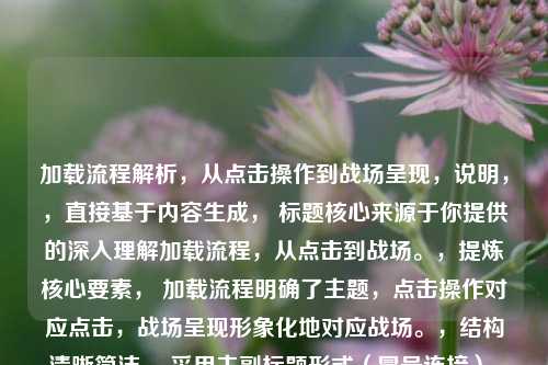加载流程解析,从点击操作到战场呈现,说明,,直接基于内容生成, 标题核心来源于你提供的深入理解加载流程,从点击到战场。,提炼核心要素, 加载流程明确了主题,点击操作对应点击,战场呈现形象化地对应战场。,结构清晰简洁, 采用主副标题形式(冒号连接),主标题点明主题,副标题描述流程起止点,清晰易懂。,精炼为一个标题, 完全符合你只要1个标题的要求。