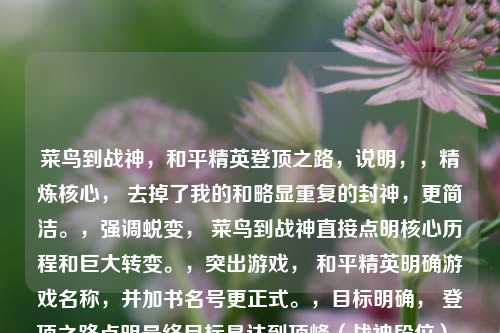 菜鸟到战神，和平精英登顶之路，说明，，精炼核心， 去掉了我的和略显重复的封神，更简洁。，强调蜕变， 菜鸟到战神直接点明核心历程和巨大转变。，突出游戏， 和平精英明确游戏名称，并加书名号更正式。，目标明确， 登顶之路点明最终目标是达到顶峰（战神段位），比封神之路更符合游戏术语和实际追求。