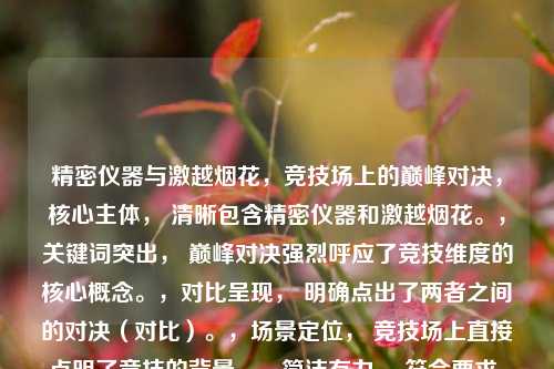 精密仪器与激越烟花，竞技场上的巅峰对决，核心主体， 清晰包含精密仪器和激越烟花。，关键词突出， 巅峰对决强烈呼应了竞技维度的核心概念。，对比呈现， 明确点出了两者之间的对决（对比）。，场景定位， 竞技场上直接点明了竞技的背景。，简洁有力， 符合要求，只有一个标题，且用词凝练，富有张力。