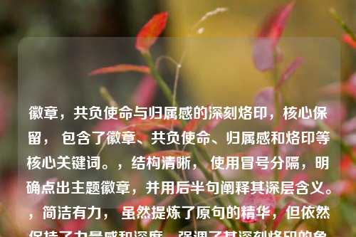 徽章，共负使命与归属感的深刻烙印，核心保留， 包含了徽章、共负使命、归属感和烙印等核心关键词。，结构清晰， 使用冒号分隔，明确点出主题徽章，并用后半句阐释其深层含义。，简洁有力， 虽然提炼了原句的精华，但依然保持了力量感和深度，强调了其深刻烙印的象征意义。，高度关联， 完全基于您提供的共负使命徽章，归属感的深层烙印生成。