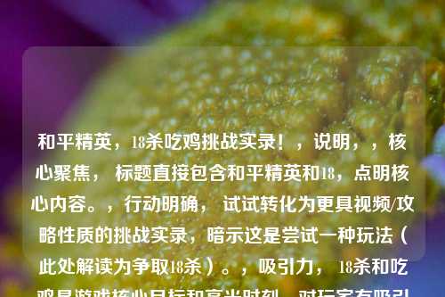 和平精英,18杀吃鸡挑战实录!,说明,,核心聚焦, 标题直接包含和平精英和18,点明核心内容。,行动明确, 试试转化为更具视频/攻略性质的挑战实录,暗示这是尝试一种玩法(此处解读为争取18杀)。,吸引力, 18杀和吃鸡是游戏核心目标和高光时刻,对玩家有吸引力。感叹号增强冲击力。,简洁, 符合只生成一个标题的要求。