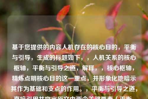 基于您提供的内容人机存在的核心目的，平衡与引导，生成的标题如下，，人机关系的核心枢轴，平衡与引导之道，解释，，核心枢轴，精炼点明核心目的这一重点，并形象化地暗示其作为基础和支点的作用。，平衡与引导之道，直接引用并突出原文中两个关键要素（平衡、引导），并用之道升华其作为方法论或核心原则的地位。，人机关系，比人机存在更具普遍性，同时点明讨论的主体范畴。，整体结构清晰、凝练，准确概括了原文的核心论点。