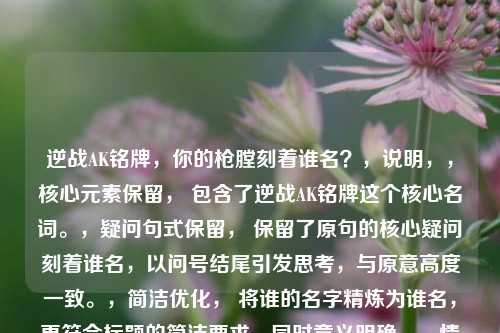 逆战AK铭牌，你的枪膛刻着谁名？，说明，，核心元素保留， 包含了逆战AK铭牌这个核心名词。，疑问句式保留， 保留了原句的核心疑问刻着谁名，以问号结尾引发思考，与原意高度一致。，简洁优化， 将谁的名字精炼为谁名，更符合标题的简洁要求，同时意义明确。，情感传达， 枪膛刻名的点缀，依然带有强烈的代入感和个性化情感。